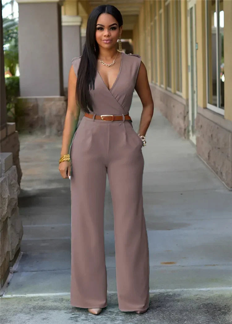Elegant Women's Jumpsuit with Deep V-Neck, Wide-Leg Pants, and Modern Tailored Style