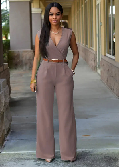Elegant Women's Jumpsuit with Deep V-Neck, Wide-Leg Pants, and Modern Tailored Style