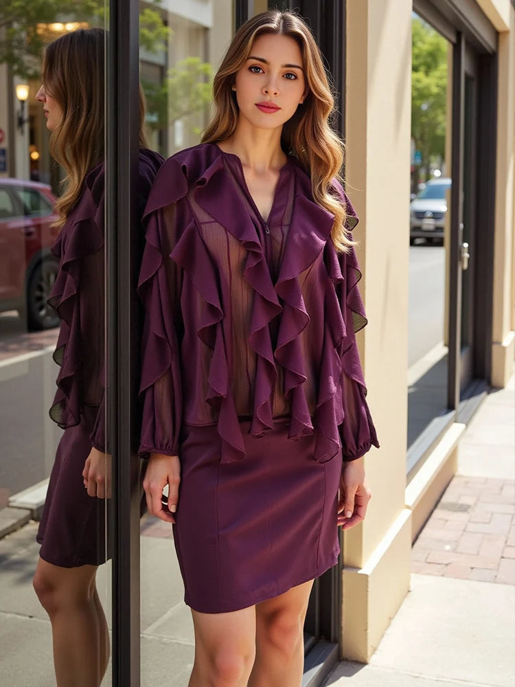 Women's Chiffon Blouse with Ruffles, Long Sleeves, Lightweight and Elegant