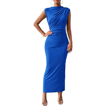 Elegant Women's Long Knit Dress, Fitted with Draping, Casual Chic Style