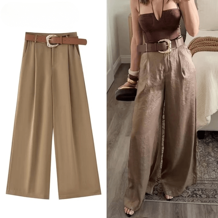 Women's Wide Leg Tailored Beige Trousers with Belt, Elegant Dress Pants