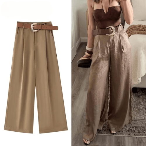 Women's Wide Leg Tailored Beige Trousers with Belt, Elegant Dress Pants