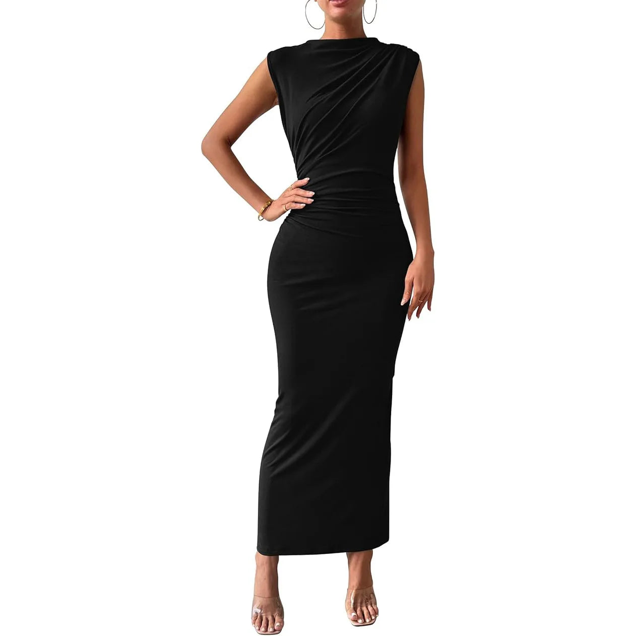 Elegant Women's Long Knit Dress, Fitted with Draping, Casual Chic Style