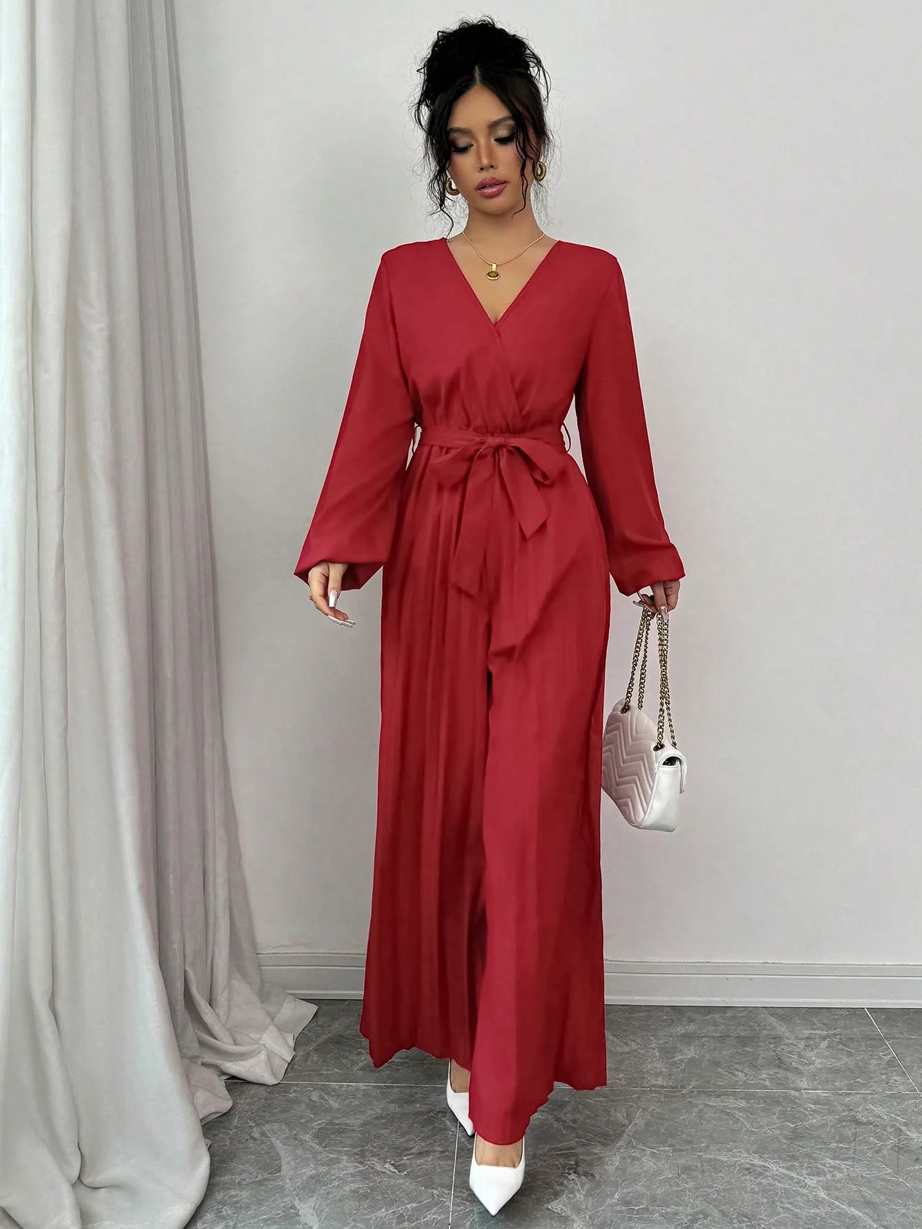 Elegant Women's Long Red Dress with Long Sleeves and Waist Tie, Pleated