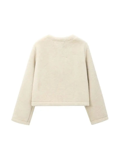 Women's Beige Short Faux Fur Coat with Toggle Closure, Elegant Teddy Winter Jacket