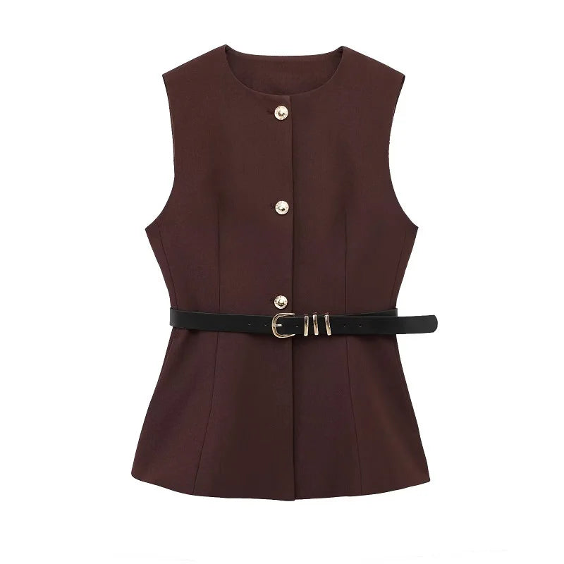 Women's Tailored Vest with Belt Elegant, Fitted at the Waist and Sleeveless