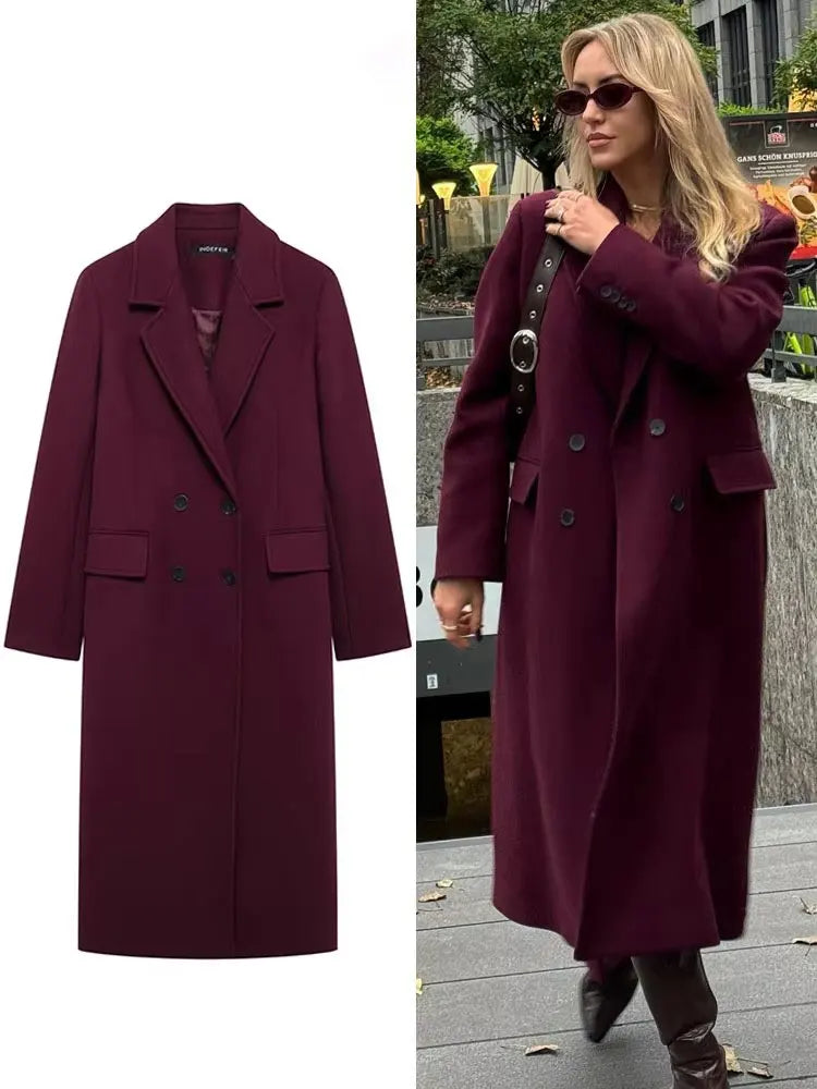 Women's Long Tailored Coat, Wine Color, Elegant Winter Overcoat