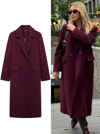Women's Long Tailored Coat, Wine Color, Elegant Winter Overcoat