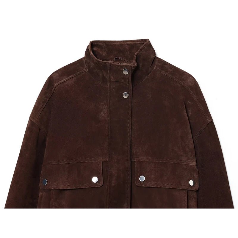 Women's Brown Suede Bomber Jacket, Oversized