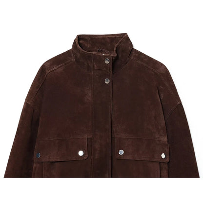 Women's Brown Suede Bomber Jacket, Oversized