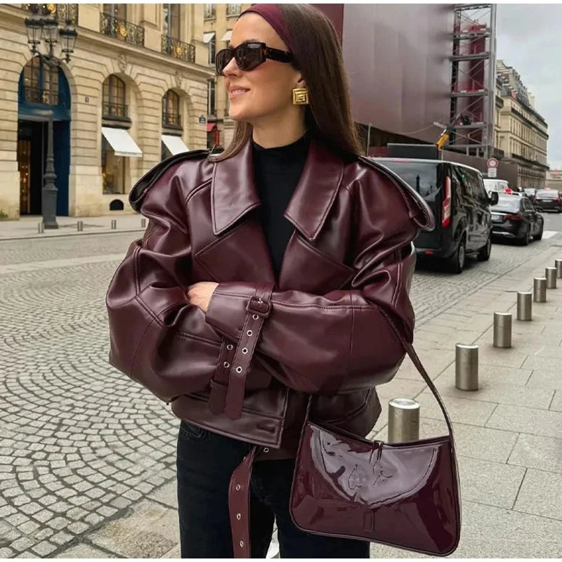 Women's Oversized Faux Leather Cropped Jacket, Puff Sleeves, Fashion Blogger Style