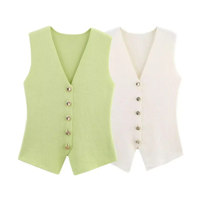 Women's Knit Vest with Gold Buttons, Fitted Waist, Sleeveless, Elegant and Versatile
