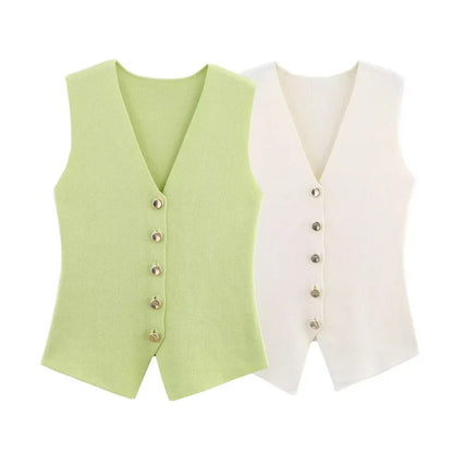 Women's Knit Vest with Gold Buttons, Fitted Waist, Sleeveless, Elegant and Versatile
