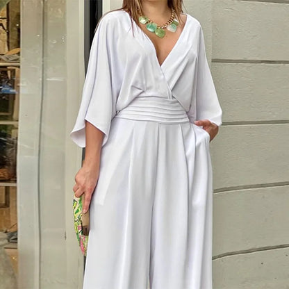 Women's Jumpsuit with Wide-Leg Pants, Flare Sleeves, and Crossover Neckline