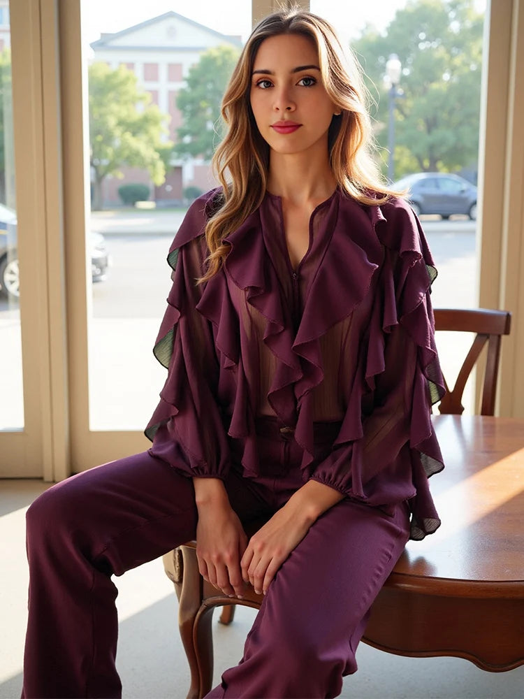 Women's Chiffon Blouse with Ruffles, Long Sleeves, Lightweight and Elegant