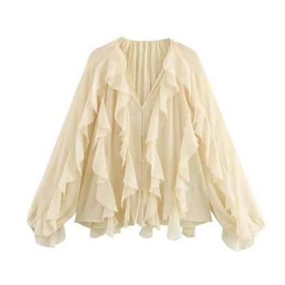 Women's blouses with ruffles, semi-sheer, casual, for spring, fairy-like style, with long sleeves.
