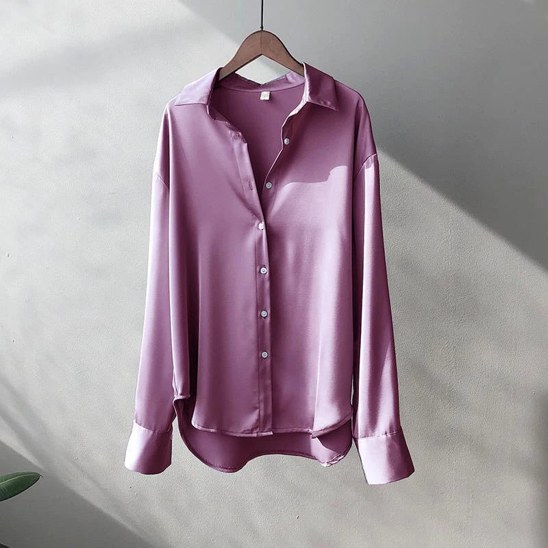 Elegant Women's Satin Long-Sleeved Shirt for Casual or Formal Looks