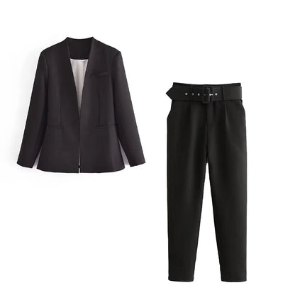 Women's Formal Suit: Blazer and Tailored Trousers with Belt