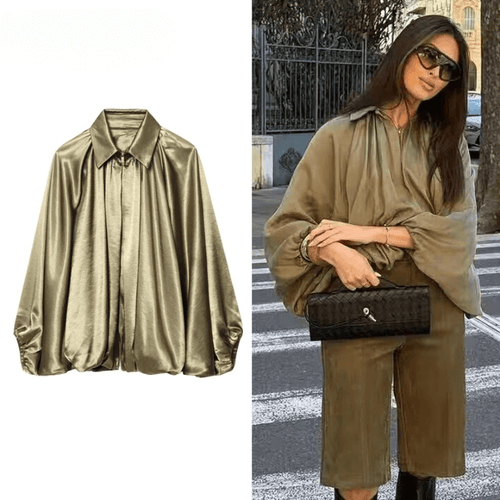 Women's Satin Blouse, Elegant Long-Sleeved Satin Shirt