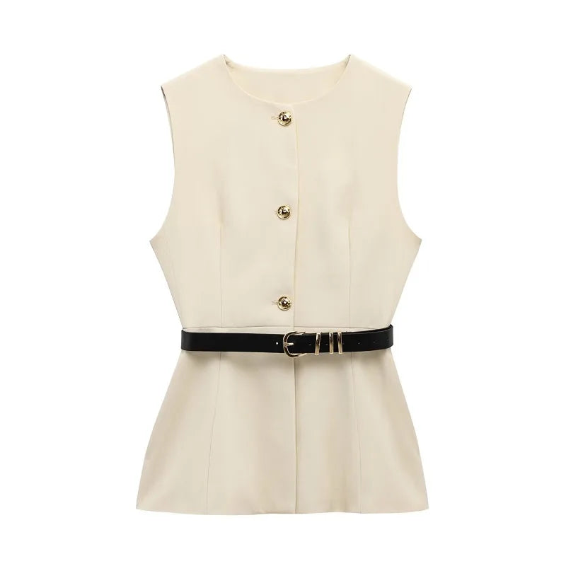 Women's Tailored Vest with Belt Elegant, Fitted at the Waist and Sleeveless