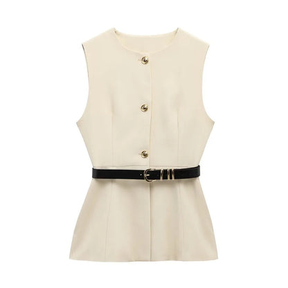 Women's Tailored Vest with Belt Elegant, Fitted at the Waist and Sleeveless
