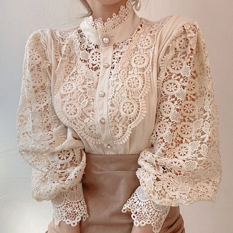 Women's Vintage Lace Blouse with High Neck and Puff Sleeve