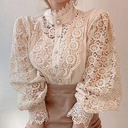 Women's Vintage Lace Blouse with High Neck and Puff Sleeve