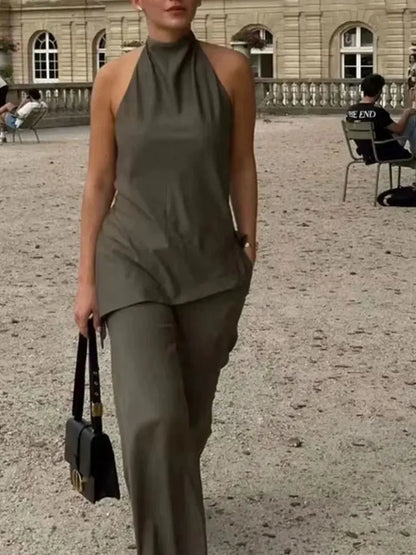 Women's Set: Asymmetrical Halter Top and Wide-Leg Pants