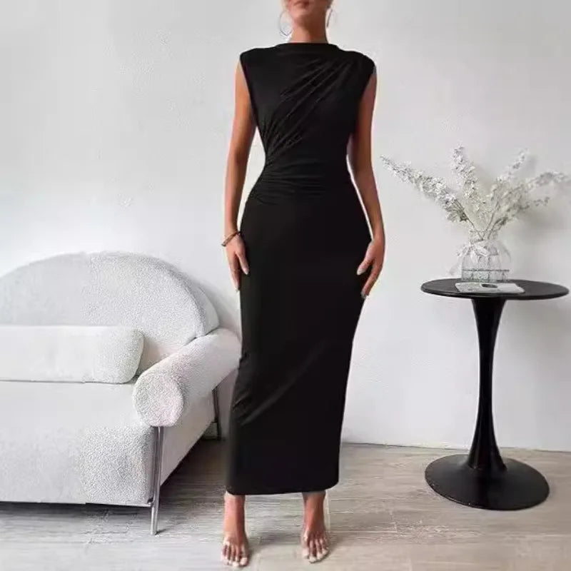 Elegant Women's Long Knit Dress, Fitted with Draping, Casual Chic Style