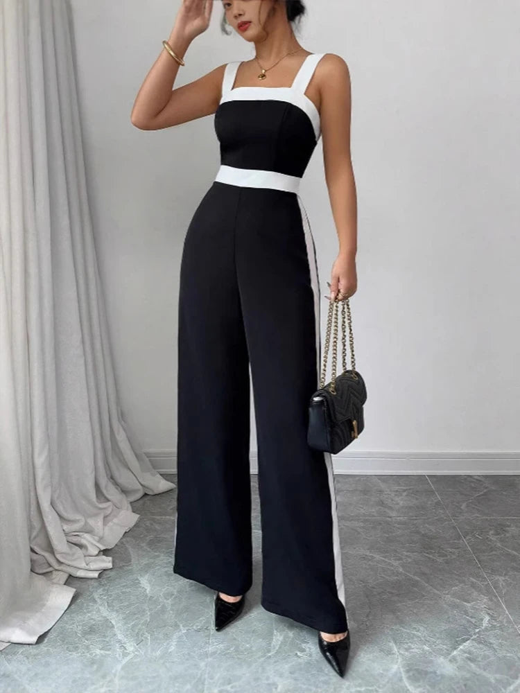 Women's Black and White Elegant Wide-Leg Jumpsuit