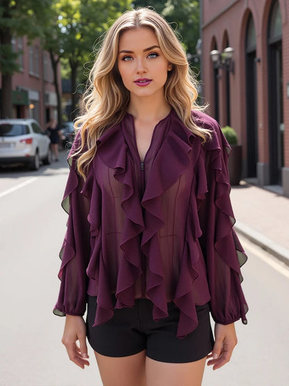 Women's Chiffon Blouse with Ruffles, Long Sleeves, Lightweight and Elegant