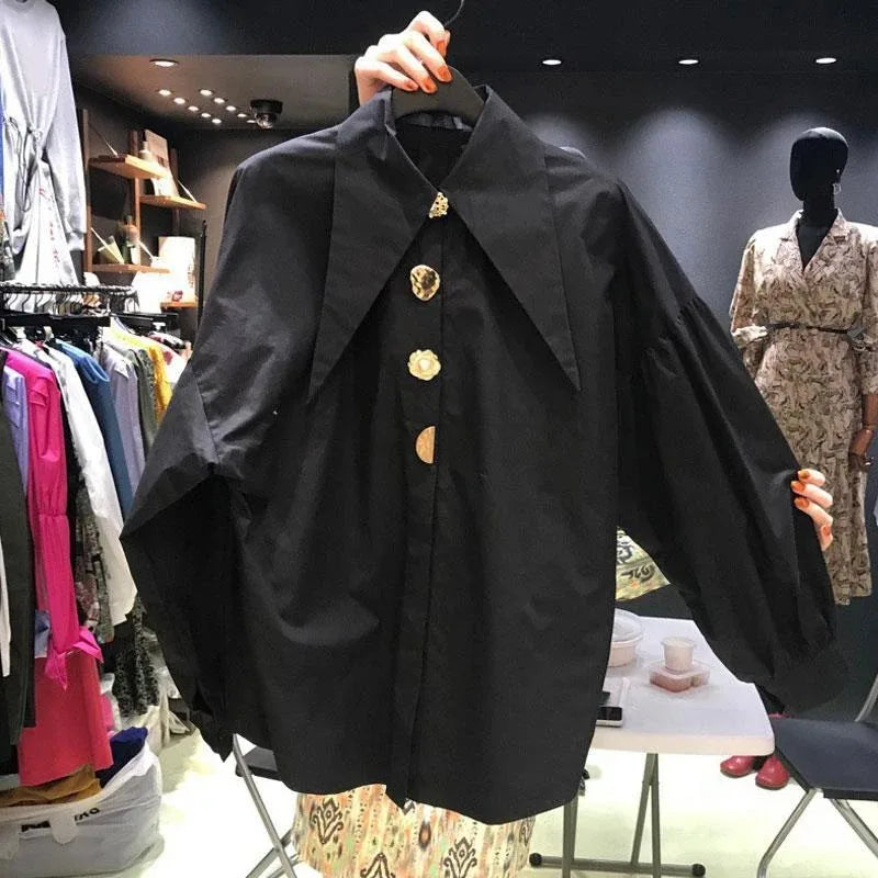 Women's White Dress Shirt with Gold Buttons and Overlap Collar