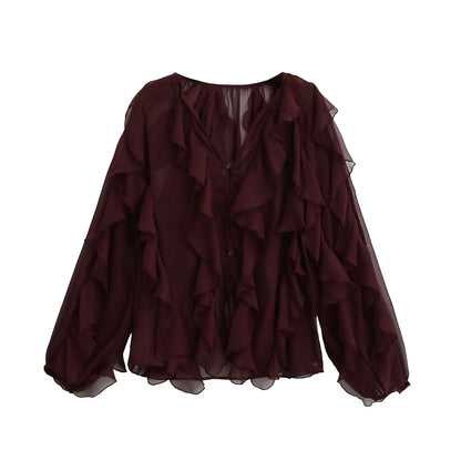 Women's Chiffon Blouse with Ruffles, Long Sleeves, Lightweight and Elegant