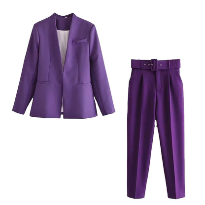 Women's Formal Suit: Blazer and Tailored Trousers with Belt