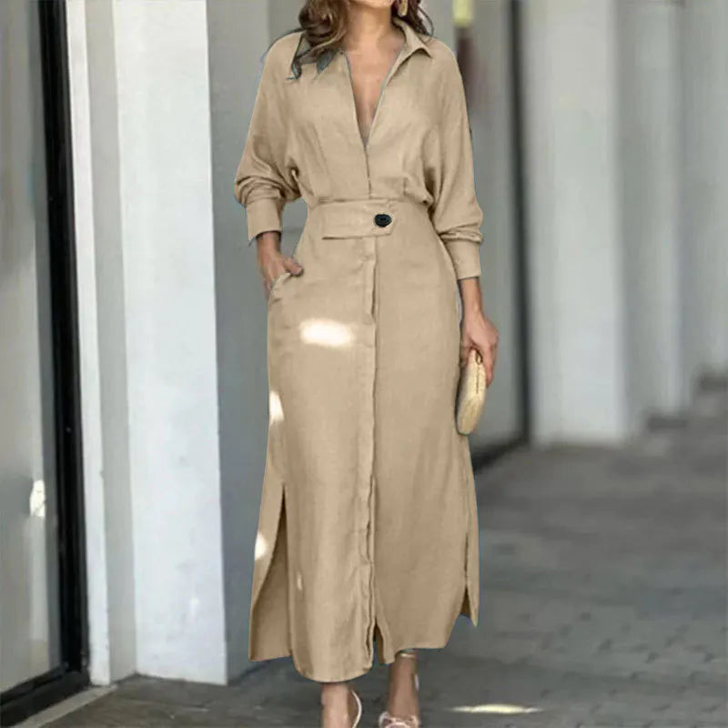Elegant Women's Long Shirt Dress with Belt, Long Sleeves, Pockets, and Side Slit