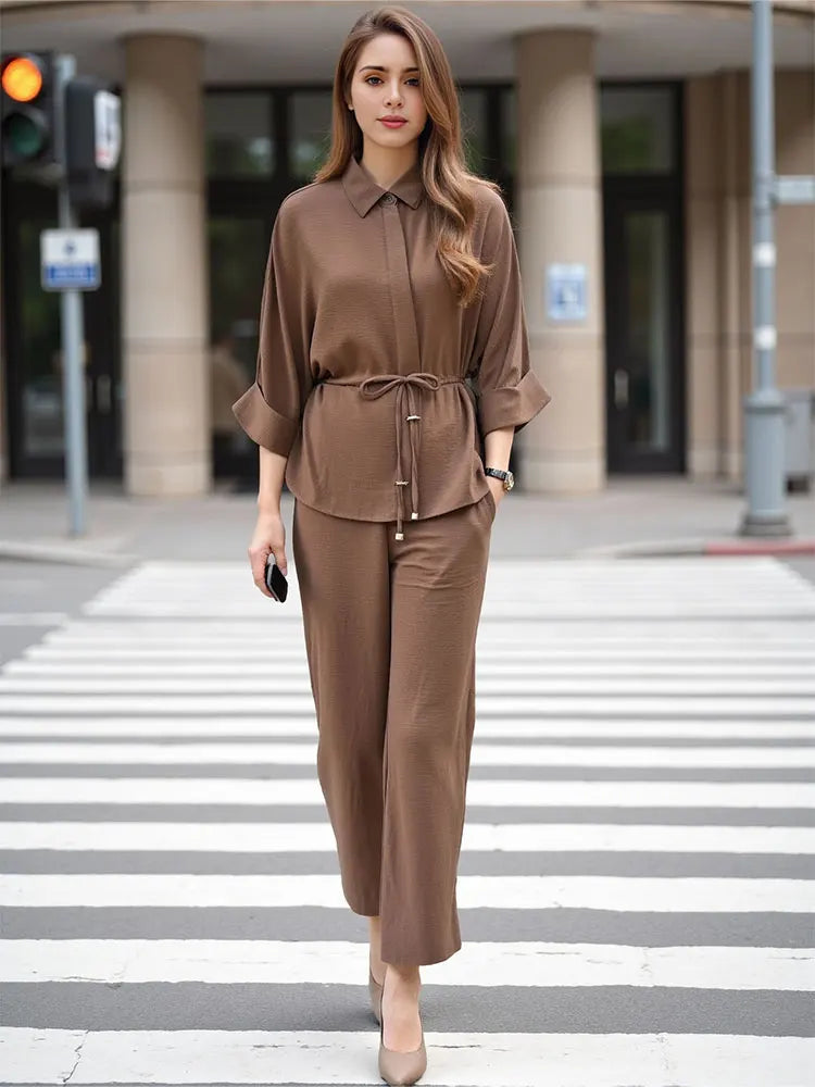 Women's Casual Brown Dress Set: Shirt with Tie Detail and Comfortable Straight Leg Pants