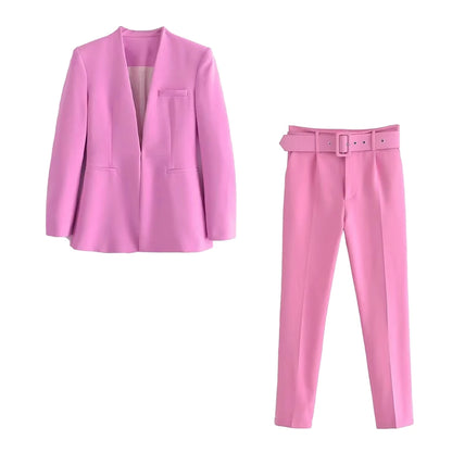Women's Formal Suit: Blazer and Tailored Trousers with Belt