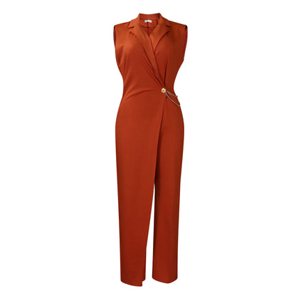 Elegant Wide Leg Jumpsuit Women's Fashion High Waist Chain Detail Loose Fit Suit Collar Top Polyester Blend Comfortable