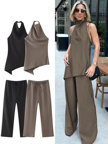 Women's Set: Asymmetrical Halter Top and Wide-Leg Pants
