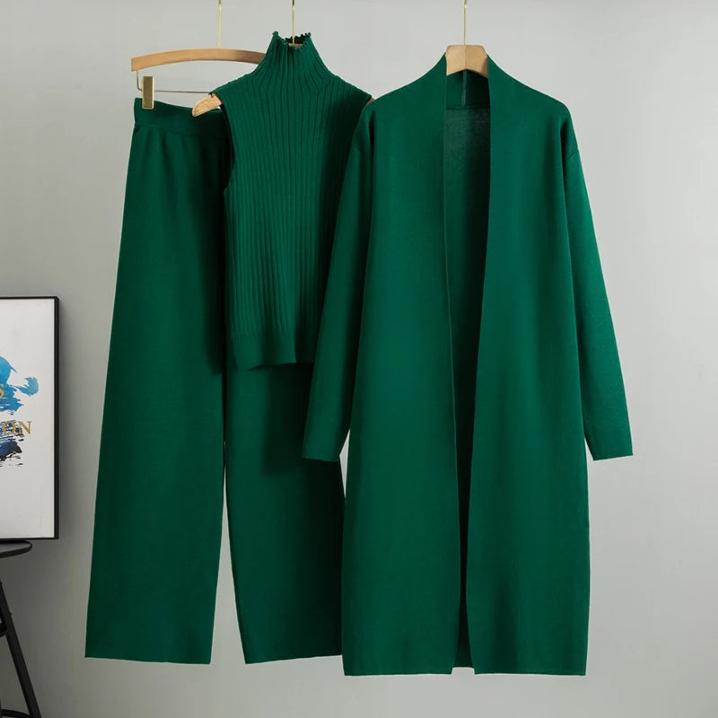 Women's 3-Piece Knit Set: Long Cardigan, Wide Leg Pants, and Turtleneck Top