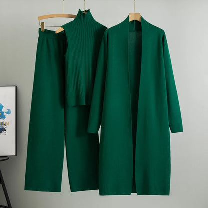Women's 3-Piece Knit Set: Long Cardigan, Wide Leg Pants, and Turtleneck Top