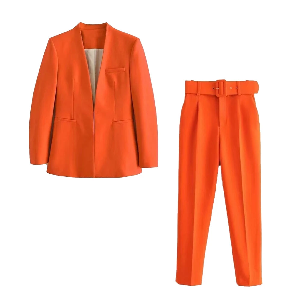 Women's Formal Suit: Blazer and Tailored Trousers with Belt