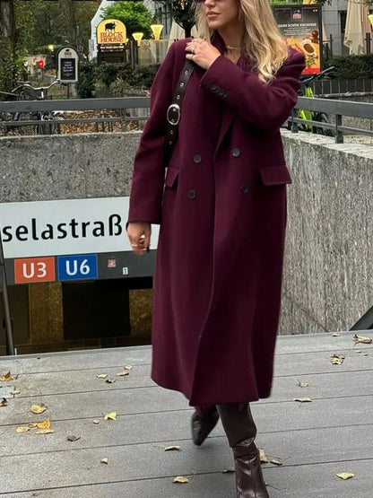 Women's Long Tailored Coat, Wine Color, Elegant Winter Overcoat