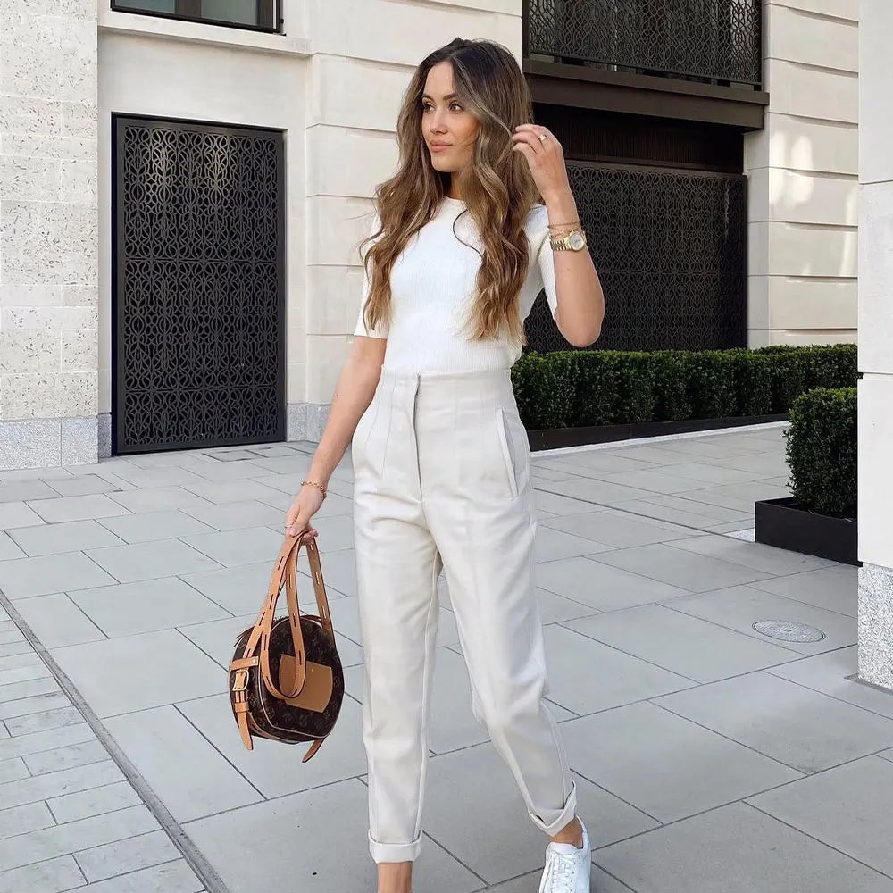 DUOPERI Women Fashion Solid Basic High Waist Trousers Chic Female Office Lady Casual Business Workwear Long Pant