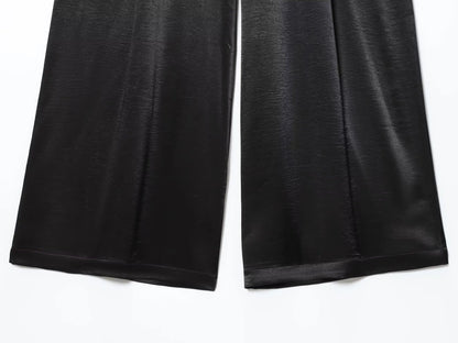 Women's Wide Leg Trousers with Belt, Elegant, Satin Tailored Fabric, High Waist