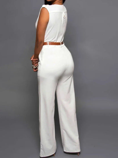 Elegant Women's Jumpsuit with Deep V-Neck, Wide-Leg Pants, and Modern Tailored Style