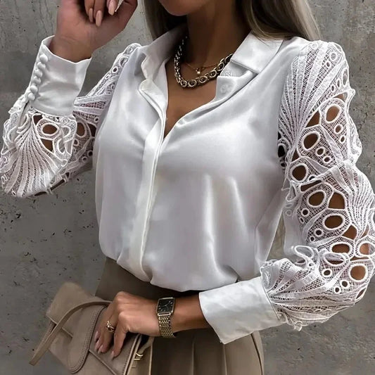 Women's Satin Shirt with Long Sleeves and Openwork Lace - Elegant for Work or Events