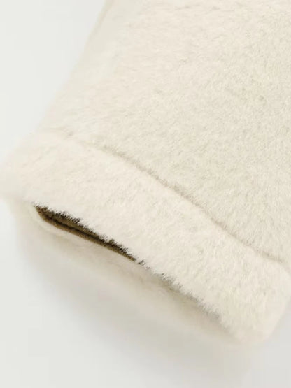 Women's Beige Short Faux Fur Coat with Toggle Closure, Elegant Teddy Winter Jacket