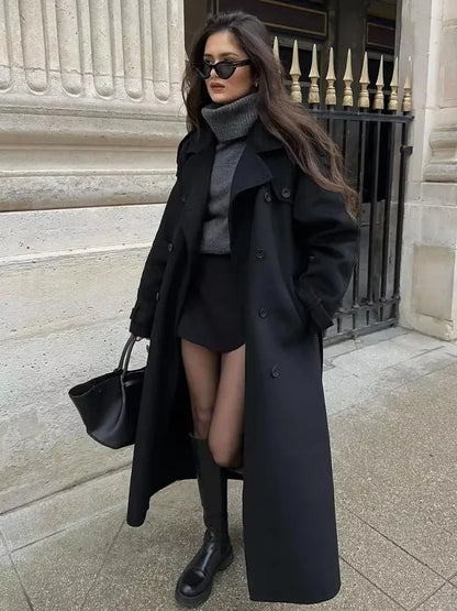 Women's Oversized Black Long Coat for Winter, Elegant, Street Chic Style