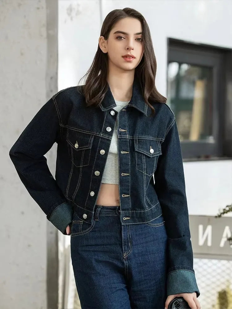 Women Vintage Denim Jacket Pant Sets Single Breasted Lapel Long Sleeve Coat Wide Leg Trousers Jeans High Street Outfits